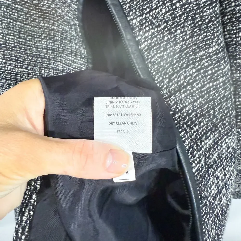 Eileen Fisher Tweed Collarless Jacket Linen Blend Leather Trim M EUC